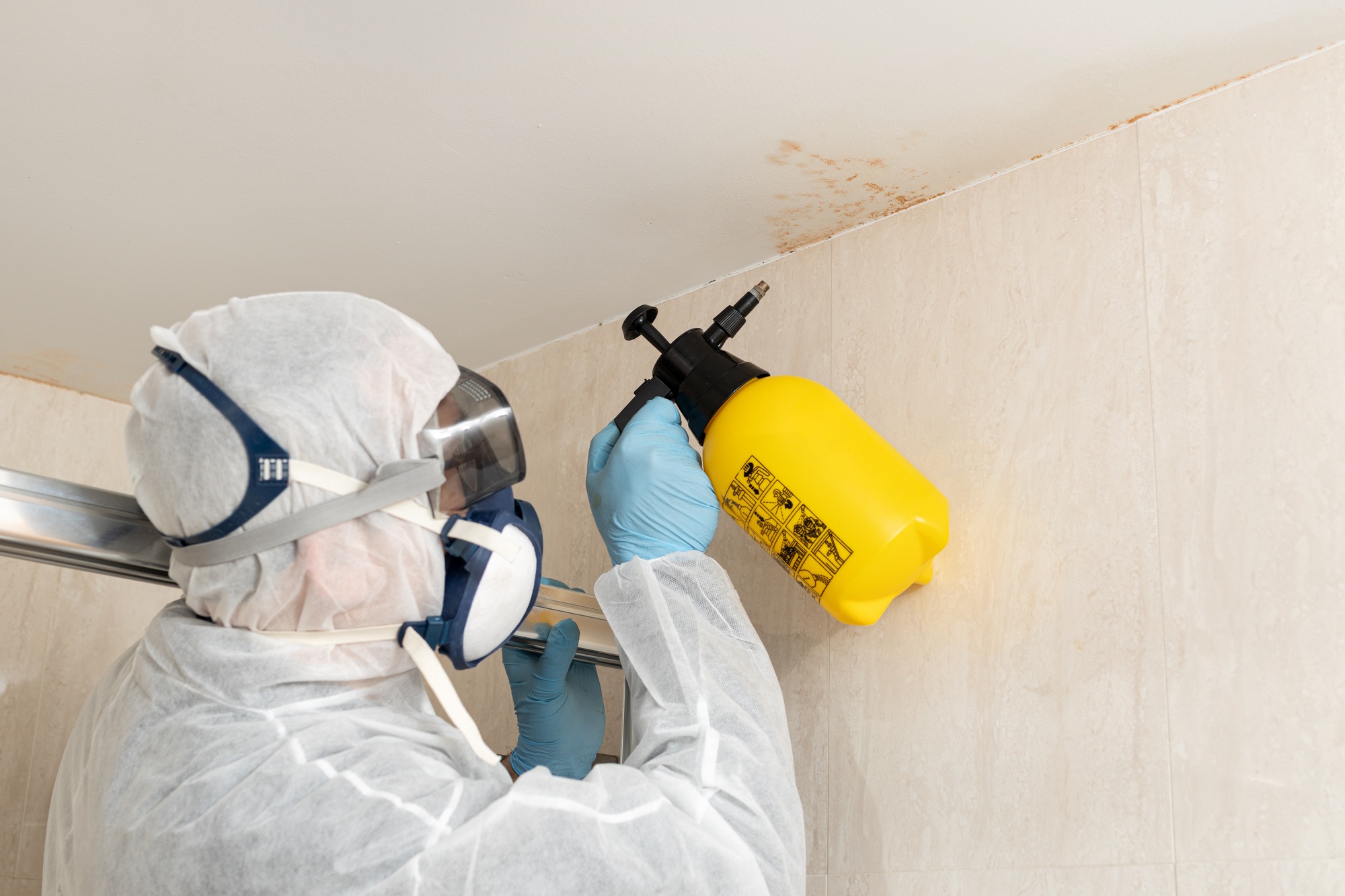 Professional cleaner cleaning mold in a bathroom wearing a protective suit